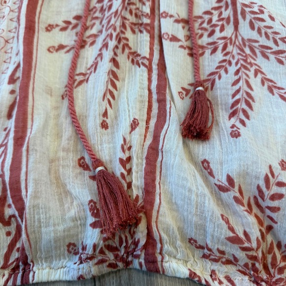 Free People Boho Lace Up Tassel Blouse Top Cream Red Long Sleeves Size Small - Picture 11 of 11